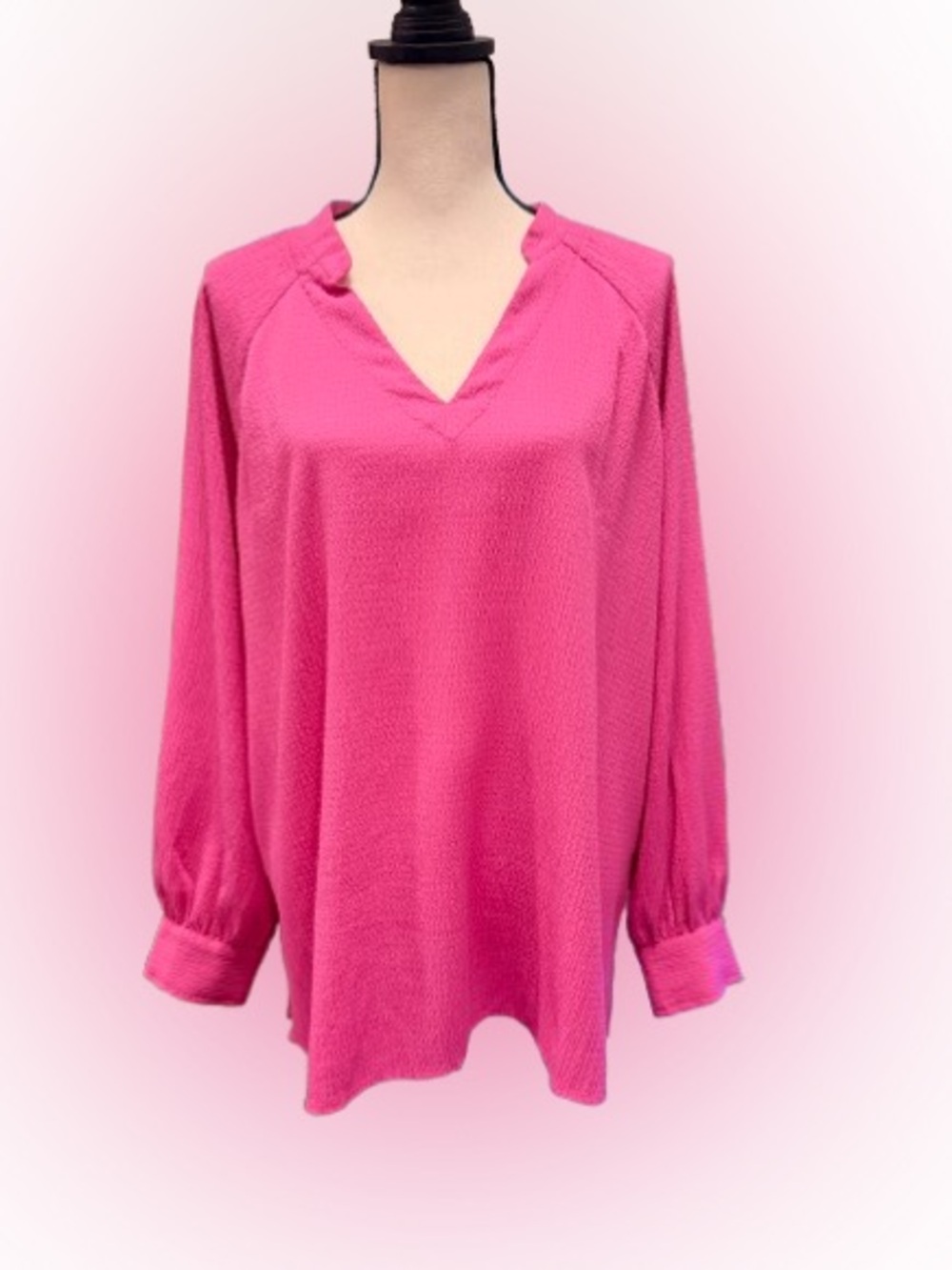 Belle Kim Gravel Hot Pink Textured Blouse XL Split Neck Balloon Sleeve Tunic